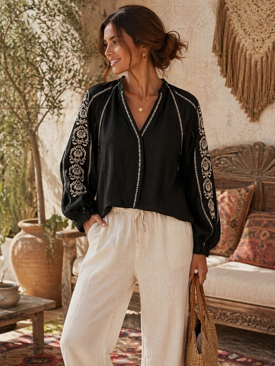 Zara Tops - Zara Black Blouse with Cream Embroidered Sleeves